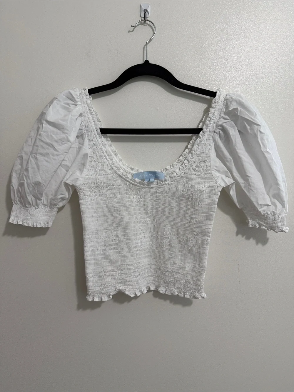 Hill House Aiko White Short Puff Sleeve Smocked Scoop Neck Blouse Top Womens XS